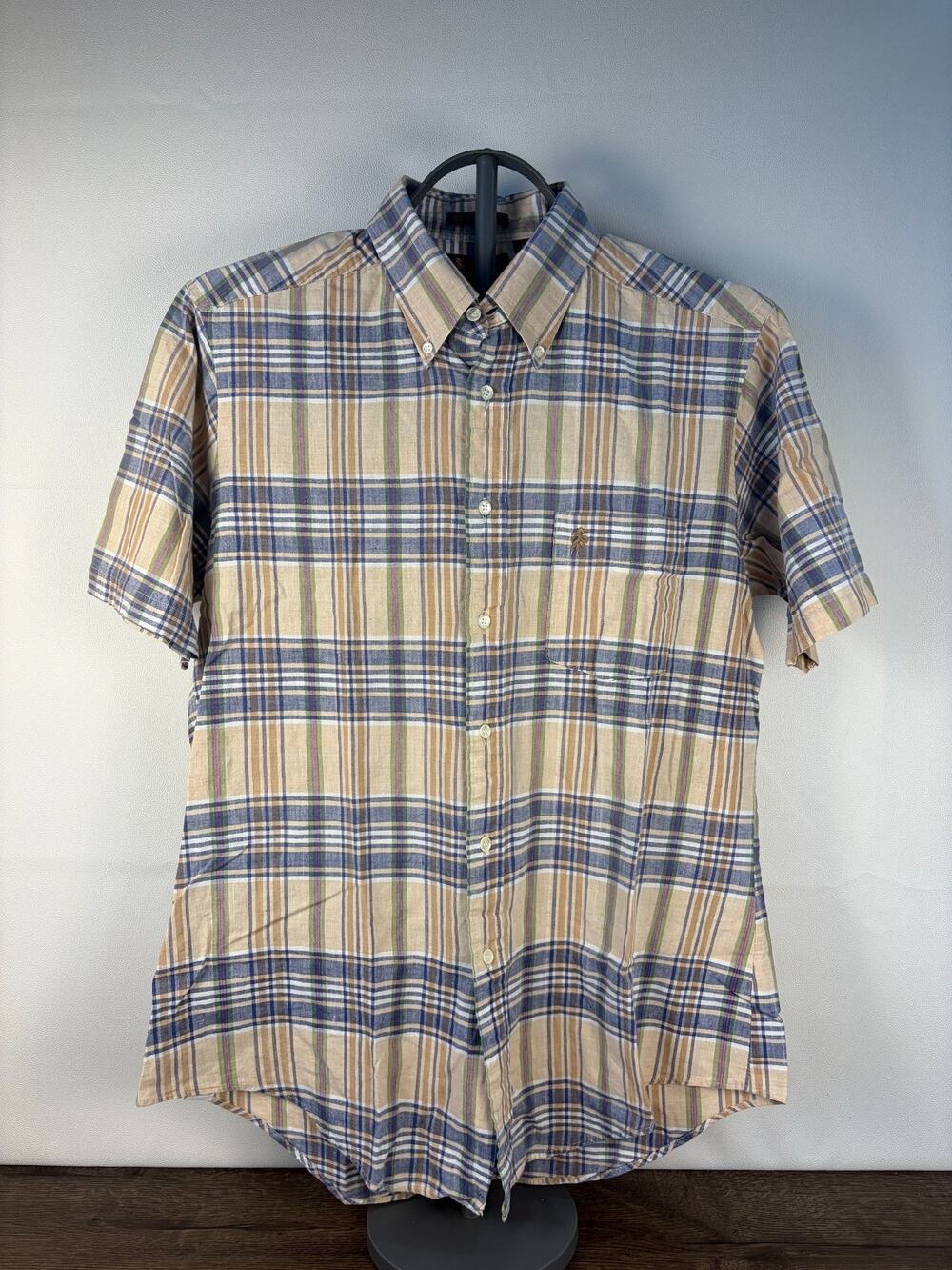 Vtg Bronzini Plaid Shirt Mens L Short Sleeve Button Down Single Needle Cotton